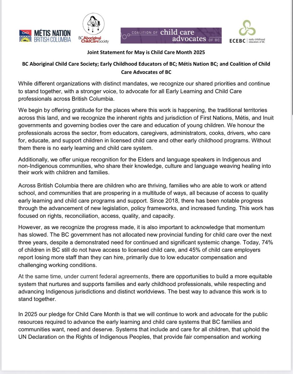 ECEBC1's tweet photo. Joint Statement for May is Child Care Month 2025

BC Aboriginal Child Care Society; Early Childhood Educators of BC; Métis Nation BC; and Coalition of Child Care Advocates of BC

#standingstrongtogether https://t.co/96zKkGusrd