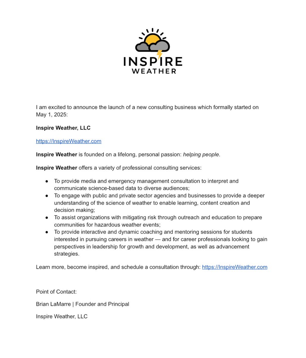 blamarre's tweet image. I am excited to announce the launch of a new #consulting business which formally started on May 1, 2025:
Inspire Weather, LLC
InspireWeather.com
Inspire Weather is founded on a lifelong, personal passion: helping people.
#weather #science #education #flwx #GHC2025