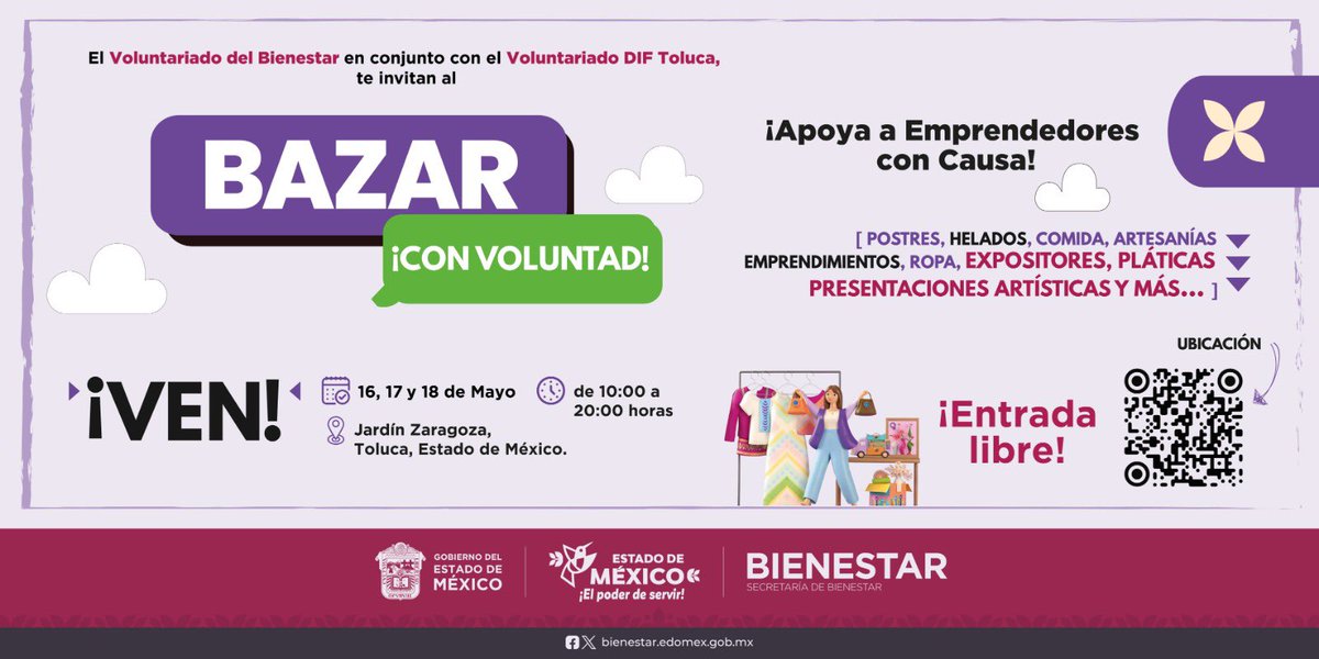 BienestarEdoMx's tweet photo. Un evento con causa, cultura y corazón!
El Voluntariado del Bienestar presenta el  #BazarConVoluntad: Moda, arte, inclusión, música en vivo y más.
Ven al Jardín Zaragoza en Toluca del 16 al 18 de mayo y sé parte de esta experiencia familiar.
#ElPoderDeServir #BienestarParaTodos https://t.co/TKWvlv8N4b