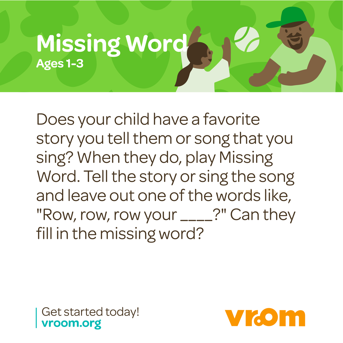 joinvroom's tweet photo. "Twinkle, twinkle, little…?" 🌟
Leave out a word from a favorite song or story and see if your child can guess it! This simple game builds memory, attention, and vocabulary—the building blocks of #BrainBuilding fun! #VroomTip https://t.co/WP3FqNtmoG
