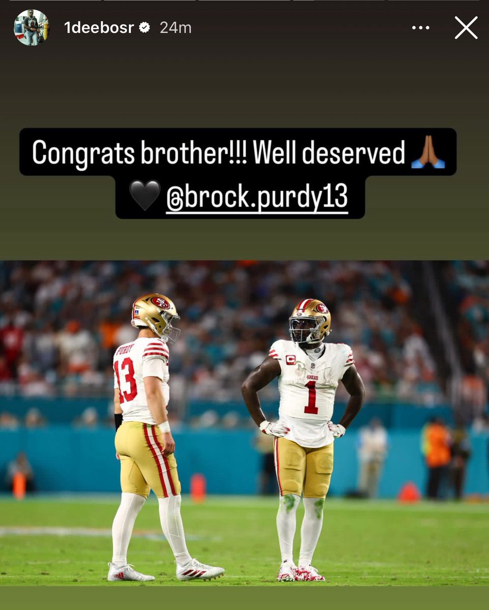 Former #49ers WR Deebo Samuel showed love to Brock Purdy on his IG story ❤️