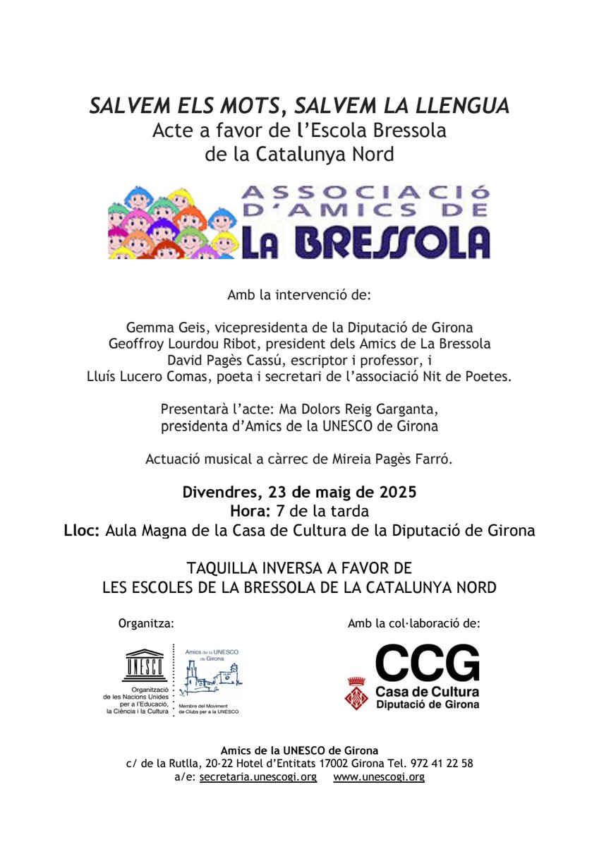 Amics de la Bressola (@amicsbressola) on Twitter photo 👉🛎 Divendres 23 de maig a Girona, acte a favor de <a href="/LaBressola/">La Bressola</a> SALVEM ELS MOTS, SALVEM LA LLENGUA amb:
-Gemma Geis,vicepresidenta de la <a href="/DiputacioGirona/">Diputació de Girona</a>
-Geoffroy Lourdou Ribot, president dels <a href="/amicsbressola/">Amics de la Bressola</a>
-David Pagès Cassú,escriptor i professor
-Lluís Lucero Comas,poeta 👉🛎 Divendres 23 de maig a Girona, acte a favor de <a href="/LaBressola/">La Bressola</a> SALVEM ELS MOTS, SALVEM LA LLENGUA amb:
-Gemma Geis,vicepresidenta de la <a href="/DiputacioGirona/">Diputació de Girona</a>
-Geoffroy Lourdou Ribot, president dels <a href="/amicsbressola/">Amics de la Bressola</a>
-David Pagès Cassú,escriptor i professor
-Lluís Lucero Comas,poeta
