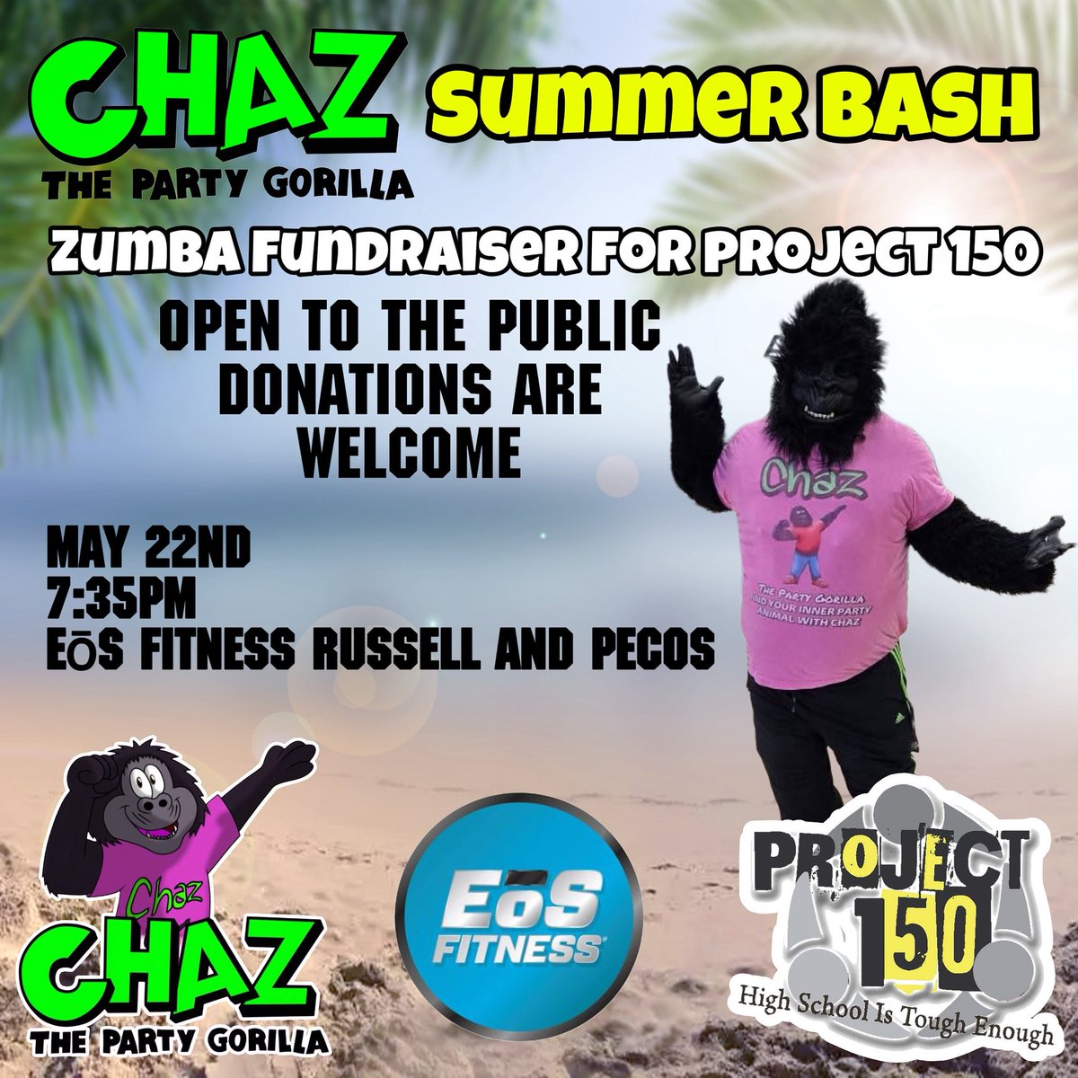 Las Vegas - Let’s get ready to Dance for a great cause ​⁠<a href="/Project150LV/">project150lv</a>  . Happening May 22nd at 7:35pm for <a href="/zumba/">Zumba</a> at the EōS Fitness on  Russel and Pecos. 

#zumba #eosfitness #lasvegas #dance #charityevent #mascot #character 
#groupfitness #chazthegorilla #chazthepartygorilla