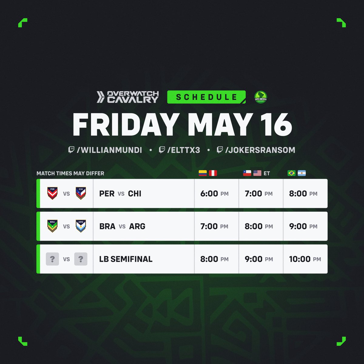 🌄 Copa América de Overwatch • Day 1

Missing the Overwatch World Cup? Tune in over the weekend and catch the best of South America 🦙

🇧🇷 twitch.tv/willianmundi
🇪🇸 twitch.tv/elttx3
🇬🇧 twitch.tv/jokersransom