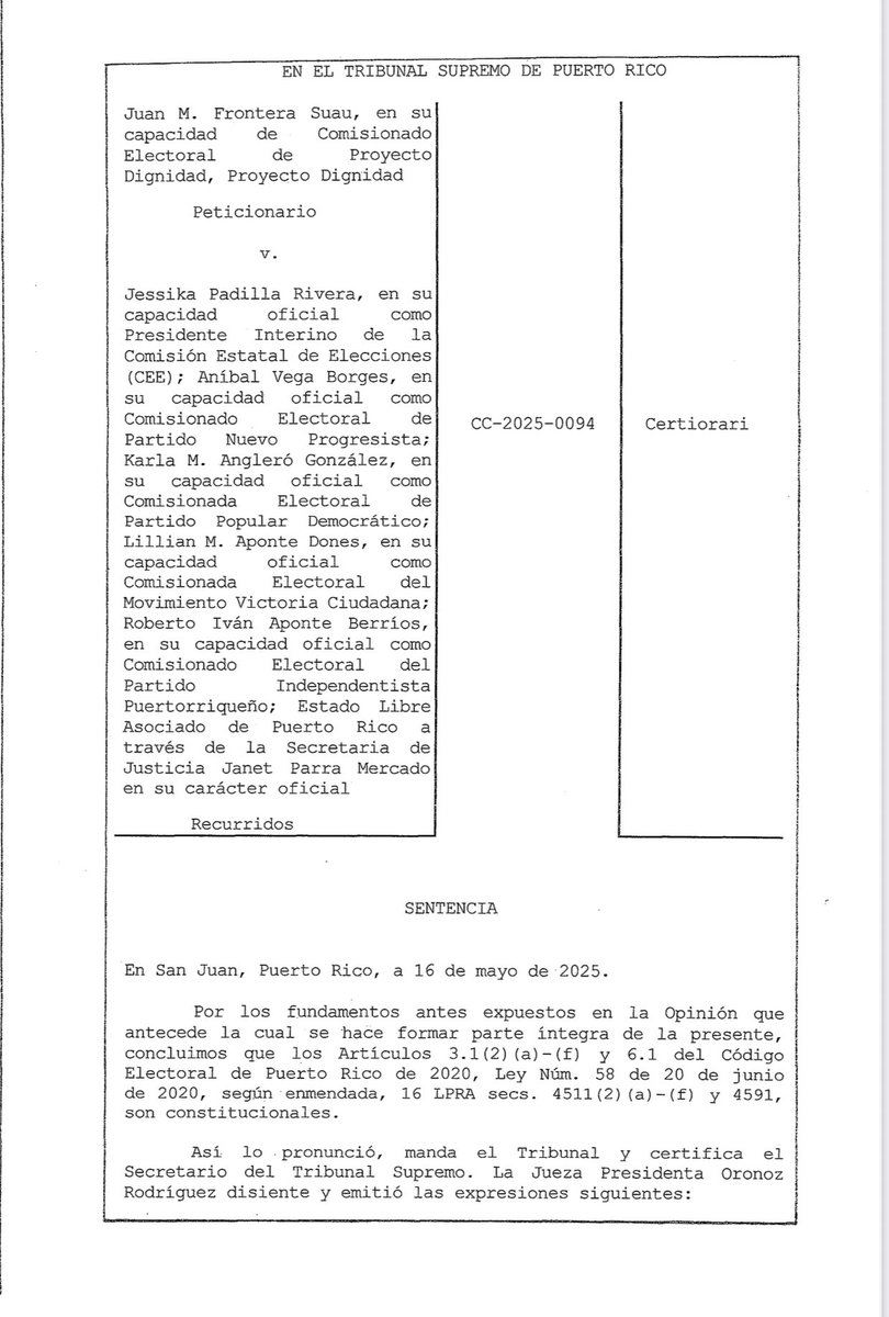 comisionadamvc's tweet image. Acaba de bajar la decisión del Supremo confirmando que la CEE es, un botín político. Ratifican la exclusión de PD, validando un esquema donde la CEE opera como agencia cuasi ejecutiva al servicio del biortidismo🔴🔵. 

Tres jueces disintieron y no avalaron el secuestro de la CEE.