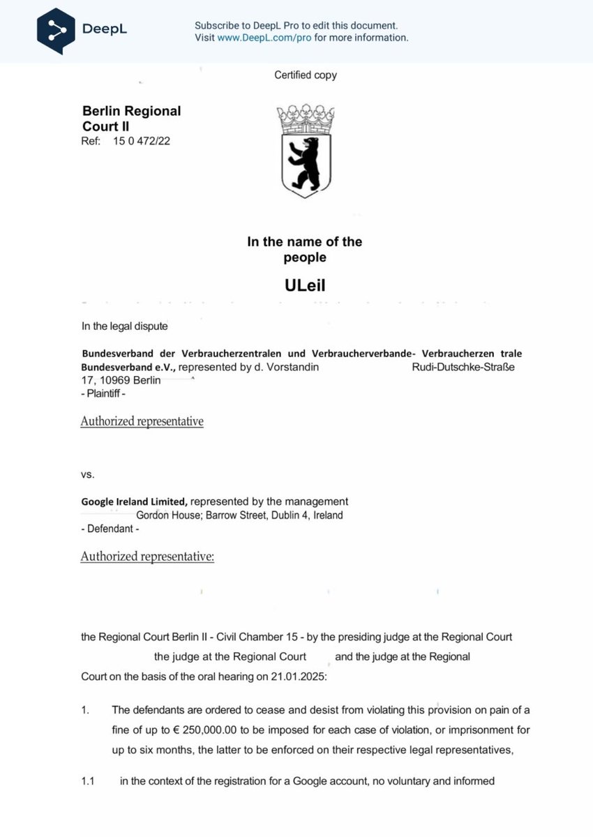montezumachavez's tweet image. Berlin Court decision in case Federation of German Consumer Organisations (vzbv) - and- Google (Google account registration ). See lnkd.in/d4GYRSXB.

Unofficial translation: 

For information about the same case before DPC, please see the image below:

Credits: Aasma