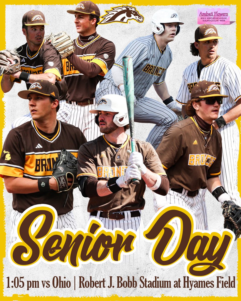 Western Michigan Baseball (@wmubaseball) on Twitter photo It's SENIOR DAY!!! The Broncos wrap up the regular season with Senior Day against Ohio! 
π Ohio
β° 1:05 pm
ποΈ Robert J. Bobb Stadium at Hyames Field
ποΈ wmubroncos.com/tickets
πΊ buff.ly/OtolkI6
π buff.ly/3DTn2gm
#BroncosReign It's SENIOR DAY!!! The Broncos wrap up the regular season with Senior Day against Ohio! 
π Ohio
β° 1:05 pm
ποΈ Robert J. Bobb Stadium at Hyames Field
ποΈ wmubroncos.com/tickets
πΊ buff.ly/OtolkI6
π buff.ly/3DTn2gm
#BroncosReign