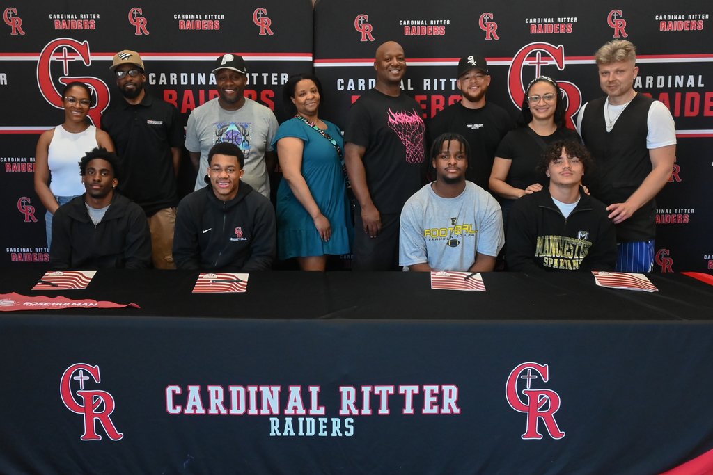 Raiders signed today to continue their athletic careers. Nate Smith will play basketball for Rose-Hulman, Marshawn Henderson to St. Francis to play basketball, Kasien Stevenson to play football at Franklin &amp; Jaden McCoy  to Manchester to play baseball. Congratulations Raiders.