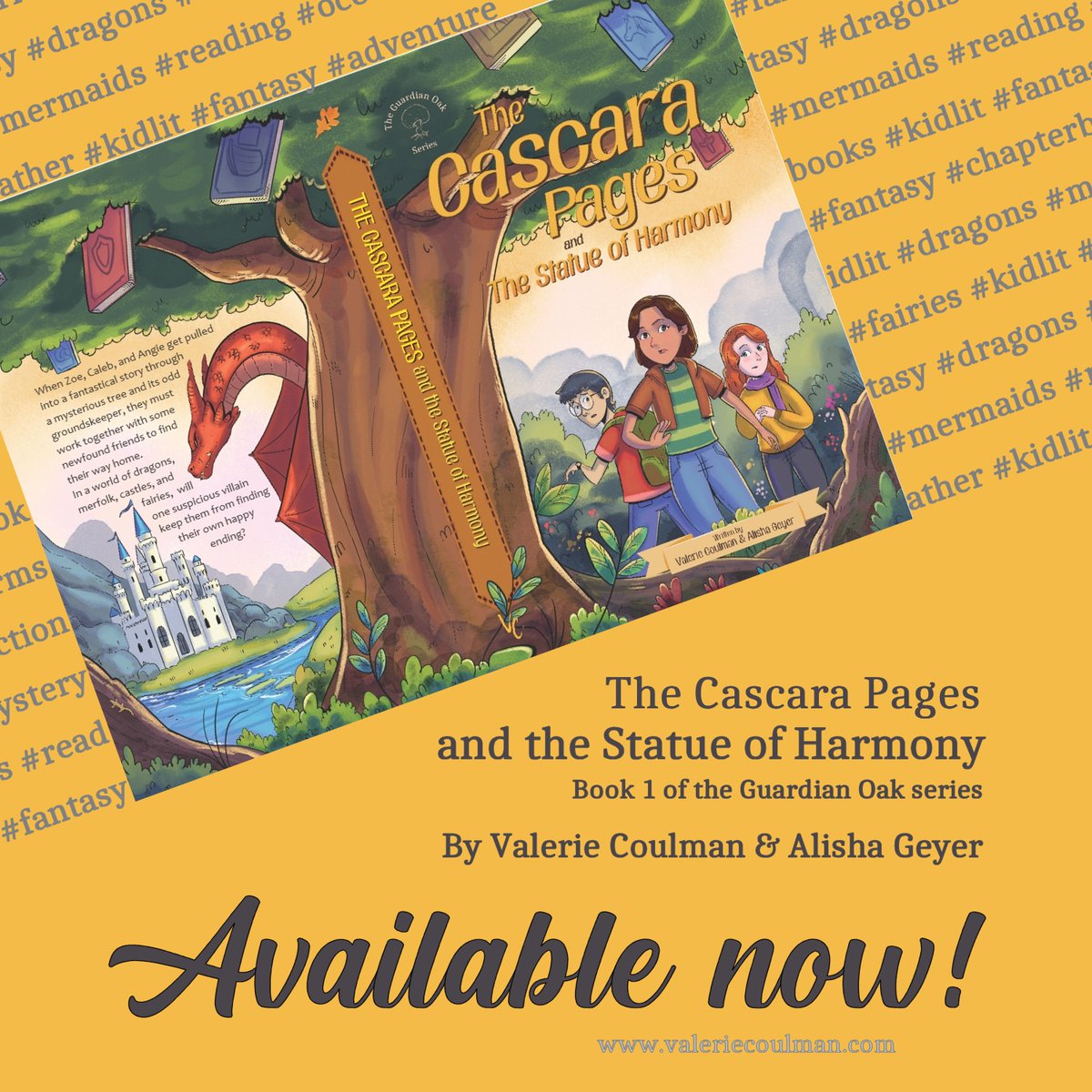 THE CASCARA PAGES AND THE STATUE OF HARMONY (book 1 of the Guardian Oak Series) released today! Available in hardcover, paperback, and Kindle versions now. 

#fantasy #kidlit #cowriting #chapterbook #mermaids #dragons #fairies #storytravel #authorlife #writingnews #bookbirthday