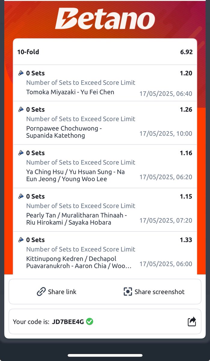 iamBigChops's tweet photo. Badminton 
Code: JD7BEE4G

6 odds

Join my telegram : https://t.co/uhB40gi2jO https://t.co/6ug6s98fMU
