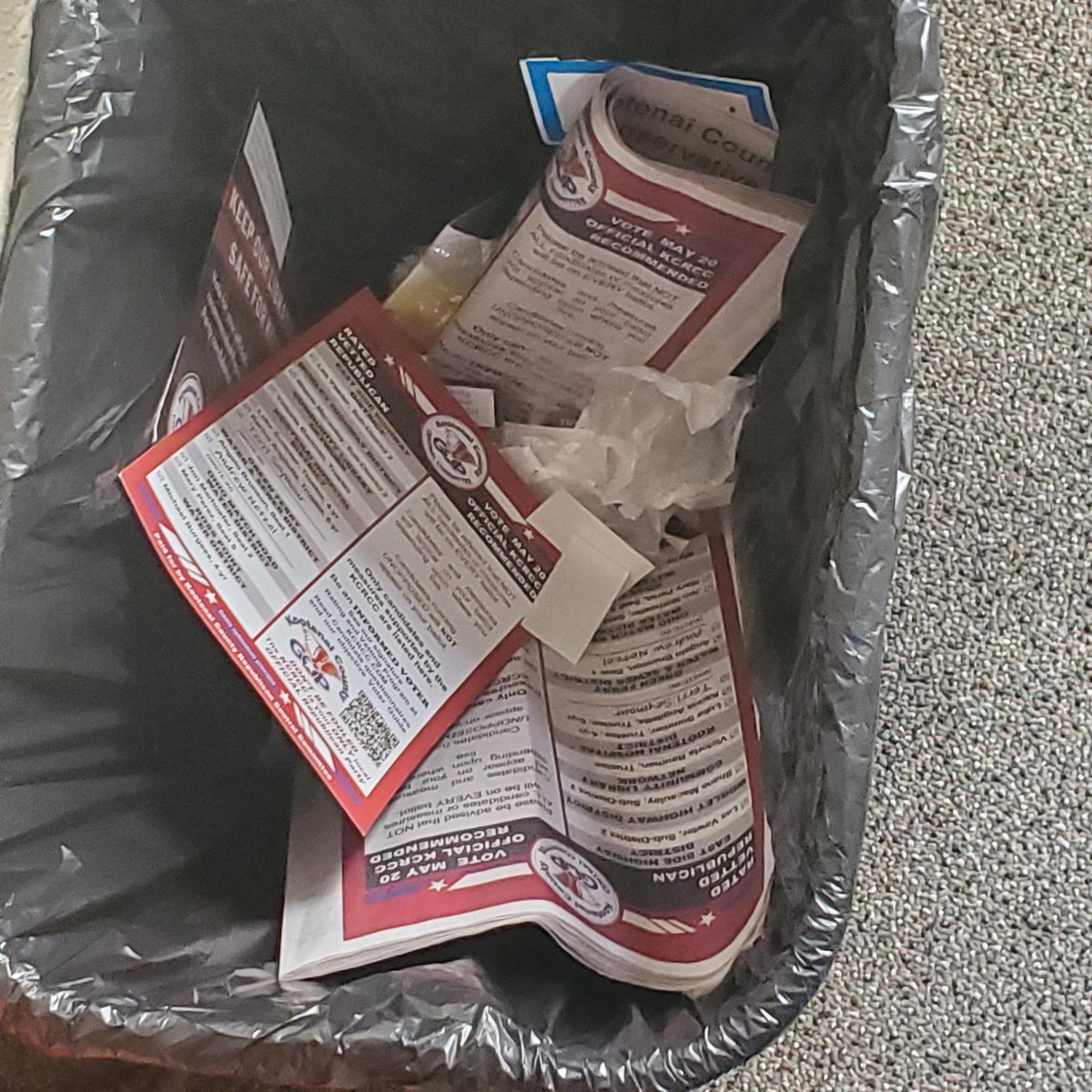 I LOVE seeing our KCRCC Voter Guides in the trash.......................... on the way out of the Elections Office after early voting.