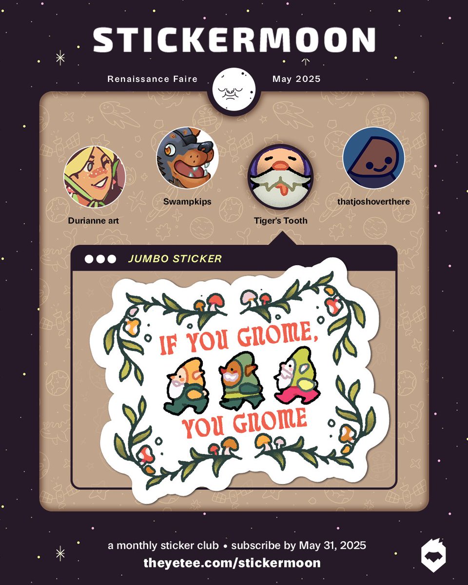 theyetee's tweet photo. Get a closer sneak peak at some of the treasures awaiting in May's Stickermoon set all about the RENAISSANCE FAIRE! This month, our sticker subscription features designs by artists: @durianne_art @Swampkips Tiger's Tooth &amp; @thatjoshthere 
https://t.co/LDZ78yt2D0 https://t.co/MPXvqKrc2R