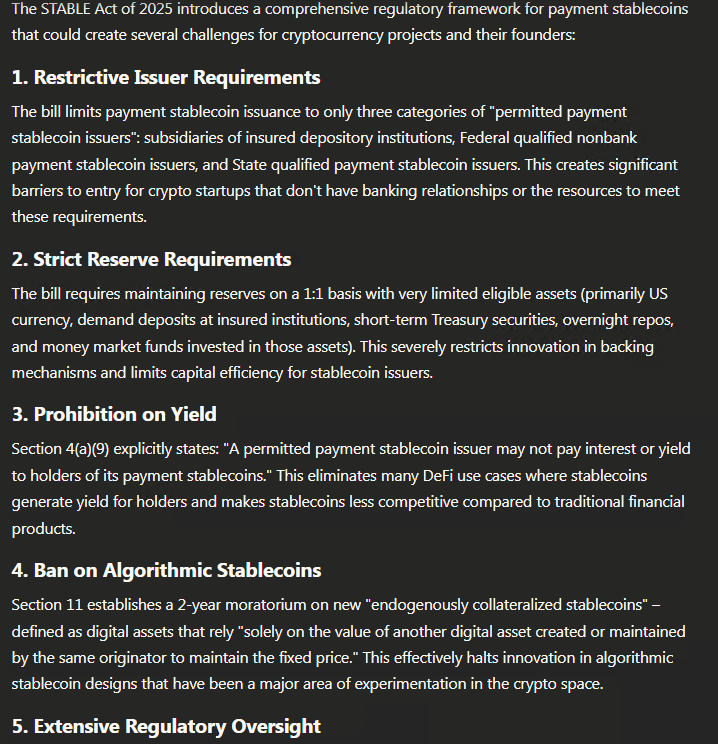 RichardHeartWin's tweet image. Section 4(a)(9) "...may not pay interest or yield to holders...." AI says the GENIUS ACT seems to just enrich giant corps that already issue stable coins or profit on them and cripple their competition. Why would uses want "no yield" in law? Happy to hear why the AI is mistaken.