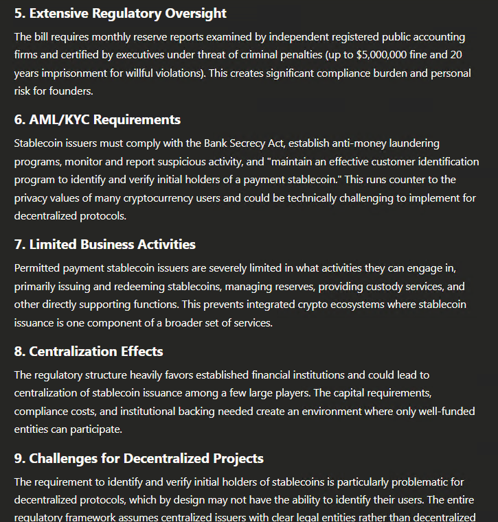 RichardHeartWin's tweet image. Section 4(a)(9) "...may not pay interest or yield to holders...." AI says the GENIUS ACT seems to just enrich giant corps that already issue stable coins or profit on them and cripple their competition. Why would uses want "no yield" in law? Happy to hear why the AI is mistaken.