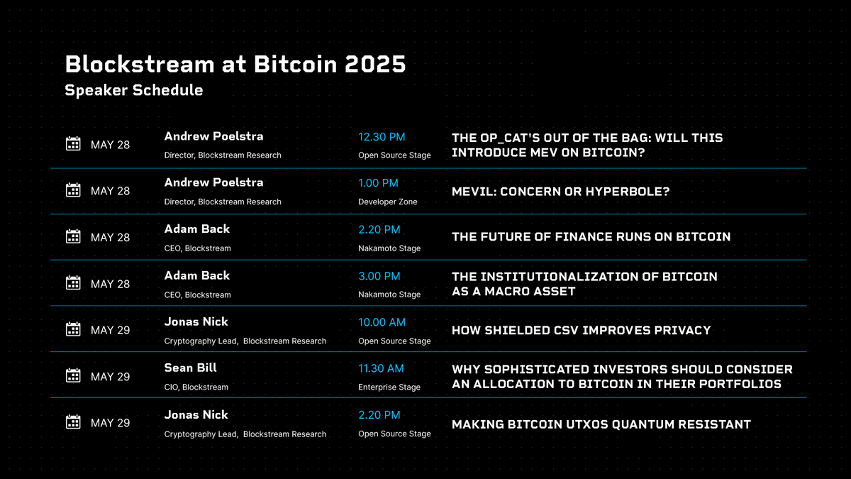 Blockstream (@blockstream) on Twitter photo We're bringing the signal to <a href="/TheBitcoinConf/">The Bitcoin Conference</a>.
Talks from <a href="/adam3us/">Adam Back</a> and <a href="/macrocrunch/">Sean Bill</a> cover BTC infrastructure and capital markets. <a href="/n1ckler/">ncklr</a> and Andrew Poelstra from <a href="/blksresearch/">Blockstream Research</a> dive into MEV and quantum.
Visit booth #2121, stack a <a href="/BlockstreamJade/">Blockstream Jade</a>, and see what we're building. We're bringing the signal to <a href="/TheBitcoinConf/">The Bitcoin Conference</a>.
Talks from <a href="/adam3us/">Adam Back</a> and <a href="/macrocrunch/">Sean Bill</a> cover BTC infrastructure and capital markets. <a href="/n1ckler/">ncklr</a> and Andrew Poelstra from <a href="/blksresearch/">Blockstream Research</a> dive into MEV and quantum.
Visit booth #2121, stack a <a href="/BlockstreamJade/">Blockstream Jade</a>, and see what we're building.