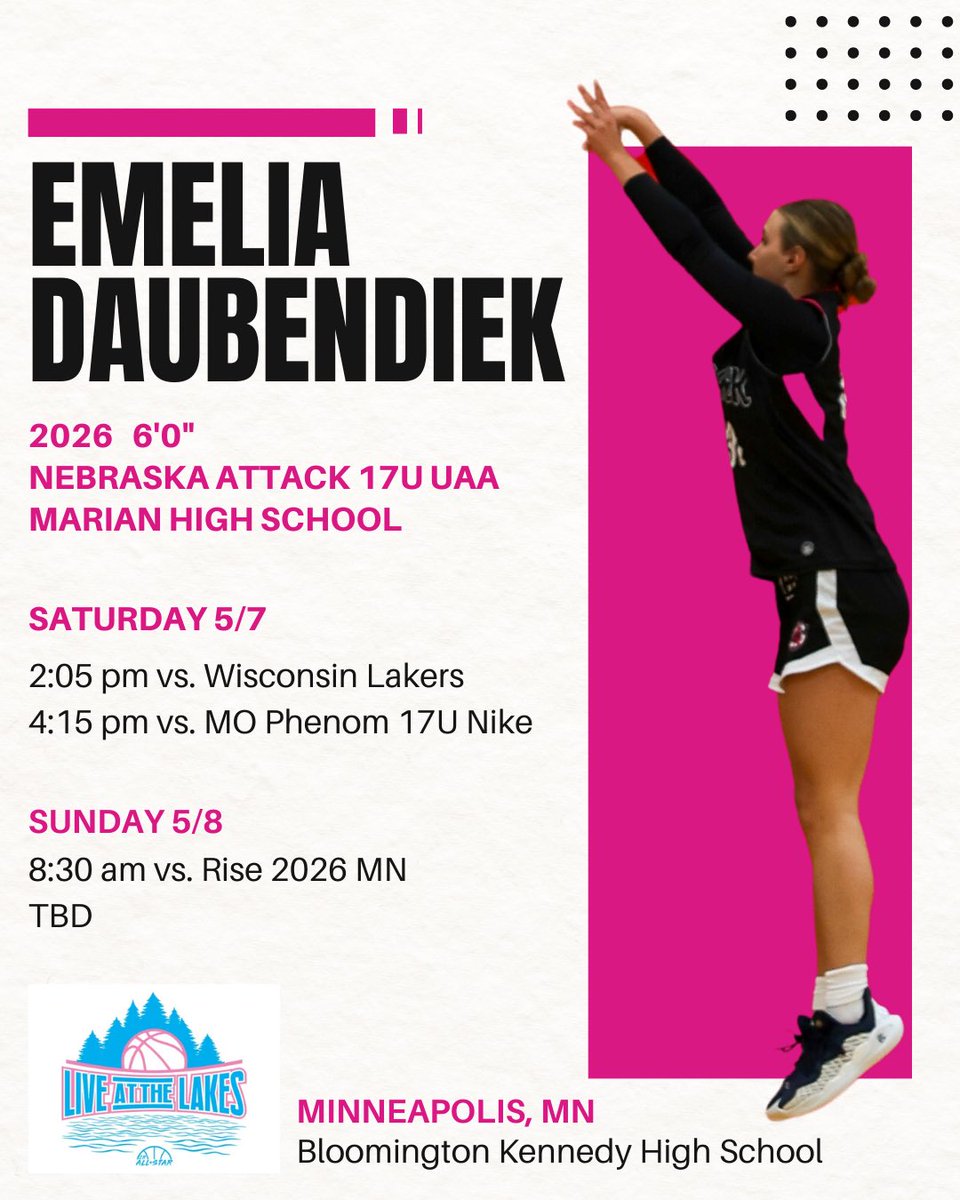Emelia Daubendiek (@emeliadaubendi1) on Twitter photo Live at the Lakes schedule for this weekend! Excited to play in Minnesota with <a href="/NebraskaAttack/">Nebraska Attack UAA</a>! Live at the Lakes schedule for this weekend! Excited to play in Minnesota with <a href="/NebraskaAttack/">Nebraska Attack UAA</a>!