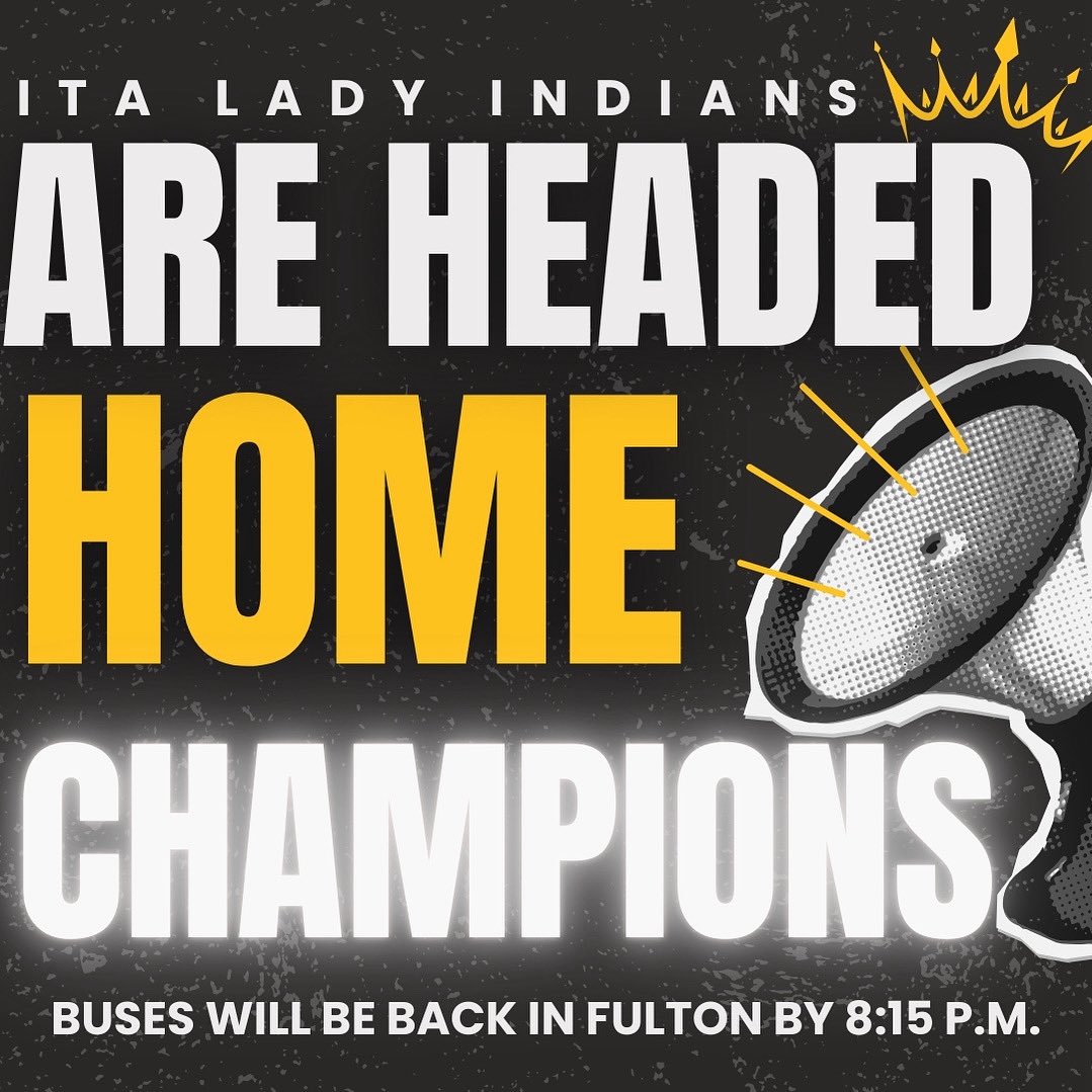 HEY FULTON!!    Your ITA Lady Indians are STATE CHAMPIONS!!     

WELCOME HOME PARTY celebrating these girls and all their accomplishments tonight at the IAHS Football field!  

We need you to show up one more time this season and help us all welcome them home!  Bus ETA is 8:15!