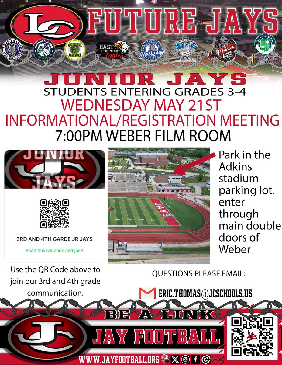There will be a meeting Wednesday May 21st to discuss 3rd and 4th Grade Junior Jay Football.  If you have interest in this program please join us as we discuss how to get registered.  If you cannot be there. Please use the QR code on the image below to join our communication.