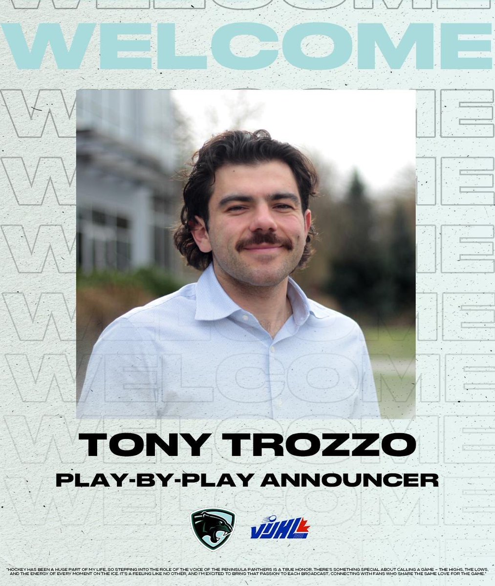 PanthersVIJHL's tweet photo. The Peninsula Panthers organization is excited to welcome Tony Trozzo to the Broadcast as our new Play-By-Play Announcer. 

https://t.co/wdcPYn8XwC https://t.co/uEKoBe4D3E