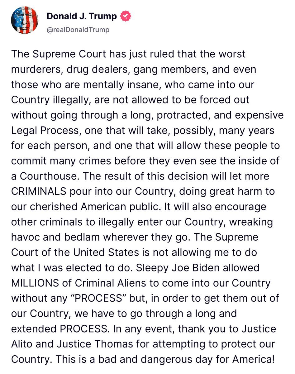 Huberton's tweet image. 🚨POTUS PRESIDENT TRUMP JUST ANNOUNCED AFTER SCOTUS BLOCK USING ALIEN ENEMIES ACT:
"The Supreme Court has just ruled that the worst murderers, drug dealers, gang members... This is a bad and dangerous day for our country."
It's time to suspend Habeas Corpus!!!