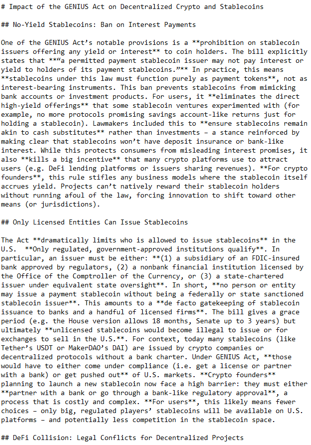RichardHeartWin's tweet image. The GENIUS ACT basically corrals stablecoins into the banking world – **no interest payouts, only licensed banks &amp;amp; buddies can issue them, and your favorite decentralized stablecoin might be outlawed**. TL;DR: It’s a *stablecoin crackdown* that protects incumbents and could…