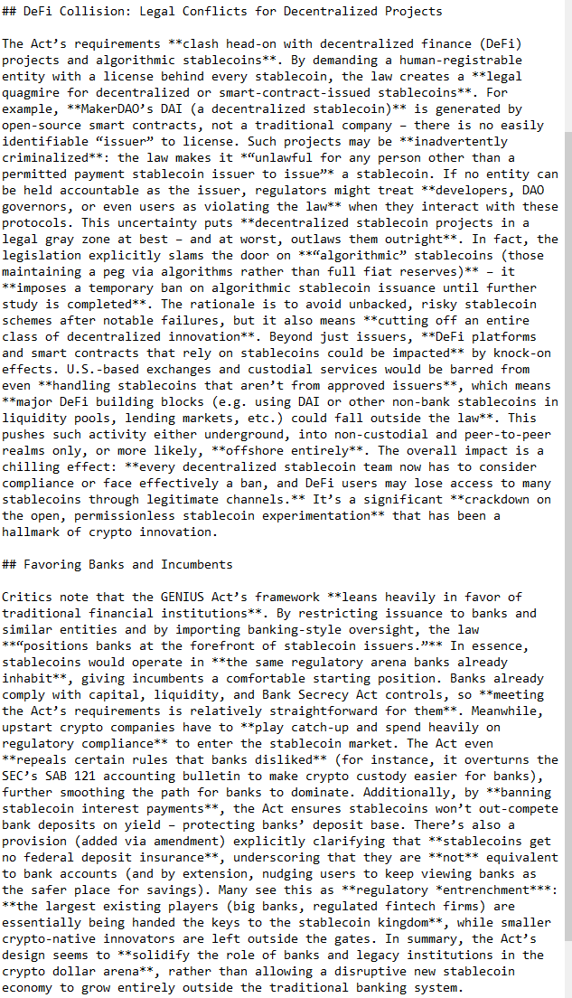 RichardHeartWin's tweet image. The GENIUS ACT basically corrals stablecoins into the banking world – **no interest payouts, only licensed banks &amp;amp; buddies can issue them, and your favorite decentralized stablecoin might be outlawed**. TL;DR: It’s a *stablecoin crackdown* that protects incumbents and could…