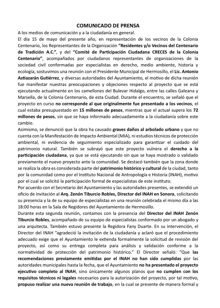 vecincentenario's tweet photo. Comunicado de prensa de Vecinos del Centenario en relación a Blvd. Hidalgo. 

@ProyectoPuente @SoledadDurazo @expresso @elimparcialcom @juanczuniga @VictorMendozaL @netoruizcarreon @Daniel_GarciaEs @secretariahmo @tonoastiazaran @imcahermosillo @secretariahmo @eduardoacunap https://t.co/2k0CTwmKV9