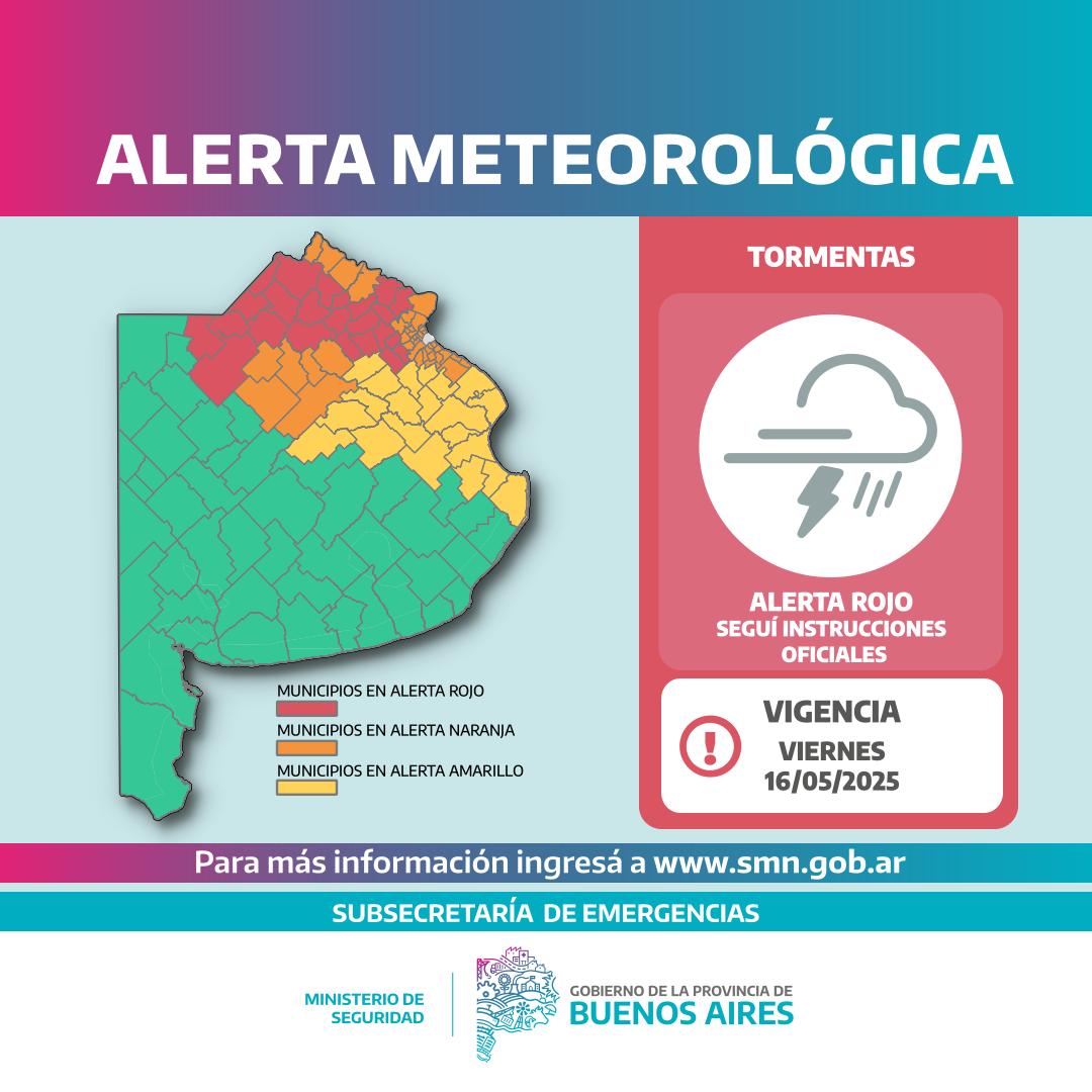 ⚠️ | Información importante 

⛈️ El Servicio Meteorológico Nacional elevó el nivel de alerta por tormentas a rojo para la noche de este viernes 16.

Estarán acompañadas por abundante caída de agua en cortos períodos, ráfagas y actividad eléctrica.

Recordá seguir las