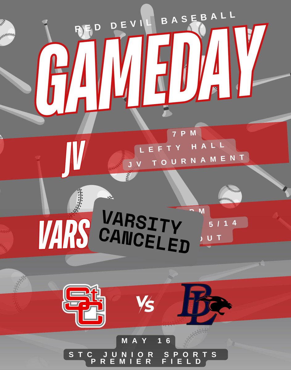 StCRedDevilBaseball (@stcbaseball1) on Twitter photo Update: The rescheduled Varsity game has now been canceled due to an officiating issue.
<a href="/stcathletics1/">St.C. Athletics</a> Update: The rescheduled Varsity game has now been canceled due to an officiating issue.
<a href="/stcathletics1/">St.C. Athletics</a>