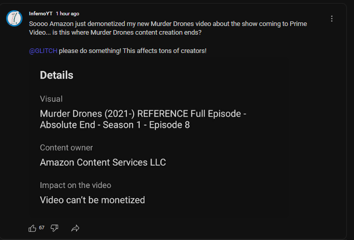 Khan_Doorman's tweet photo. #murderdrones Fandom,
Since MD has released on Amazon Prime, New MD videos has been getting taken down/demontized even tho Amazon does not own the show as said by Glitch's Statement.
I dont think I need to explain to you, why this is so concerning.
PLEASE SPREAD AWARENESS https://t.co/qqk6fK3yKi