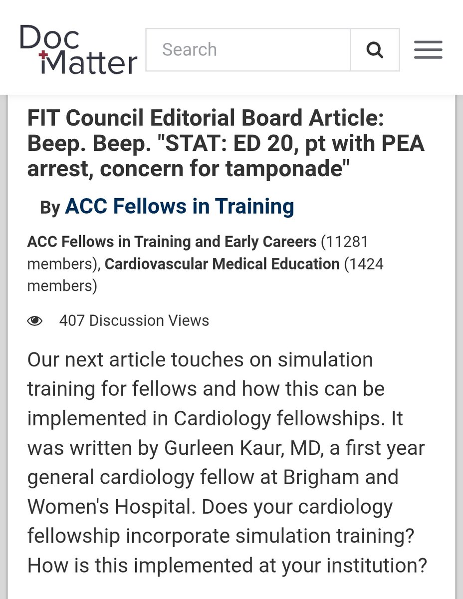 Leah Kosyakovsky (@leahkosyakovsky) on Twitter photo How can we best implement simulation in cardiology fellowship training?
Read some key principles outlined by <a href="/ACCinTouch/">American College of Cardiology</a> Editorial Fellow <a href="/Gurleen_Kaur96/">Gurleen Kaur, MD</a> below! Don't forget to join DocMatter for more community discussion on medical education and more!
tinyurl.com/3s9d7z2b How can we best implement simulation in cardiology fellowship training?
Read some key principles outlined by <a href="/ACCinTouch/">American College of Cardiology</a> Editorial Fellow <a href="/Gurleen_Kaur96/">Gurleen Kaur, MD</a> below! Don't forget to join DocMatter for more community discussion on medical education and more!
tinyurl.com/3s9d7z2b