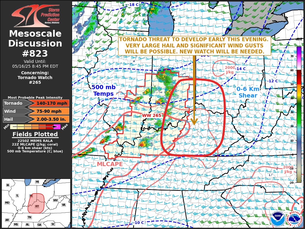 NWSSPC's tweet image. 5:53pm CDT #SPC_MD 0823 , #ohwx #kywx #inwx, spc.noaa.gov/products/md/md…