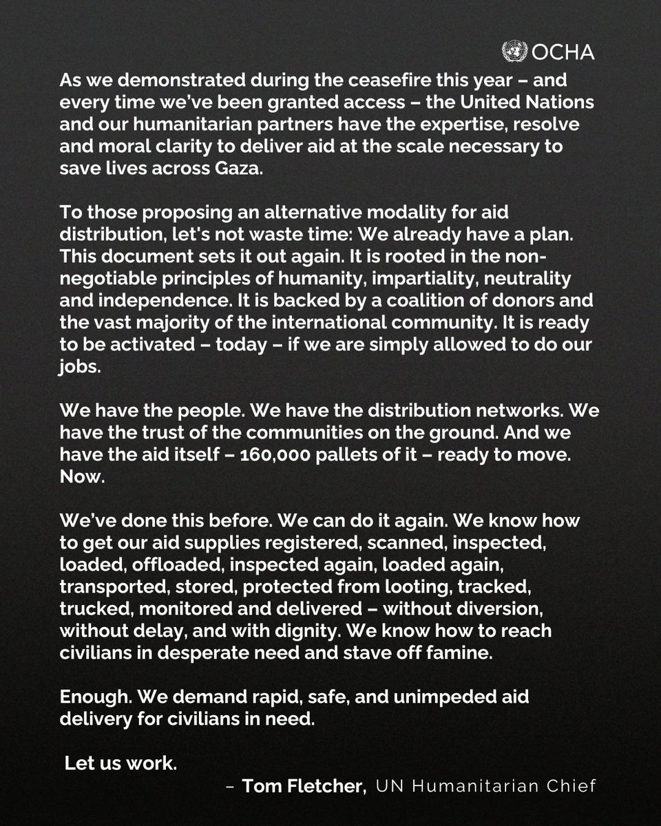 UNReliefChief's tweet image. Enough. We demand rapid, safe, and unimpeded access to starving civilians in Gaza.
We have a plan. We have thousands of trucks of food at the border. Let us in. Let us work.
bit.ly/3S7M0oo