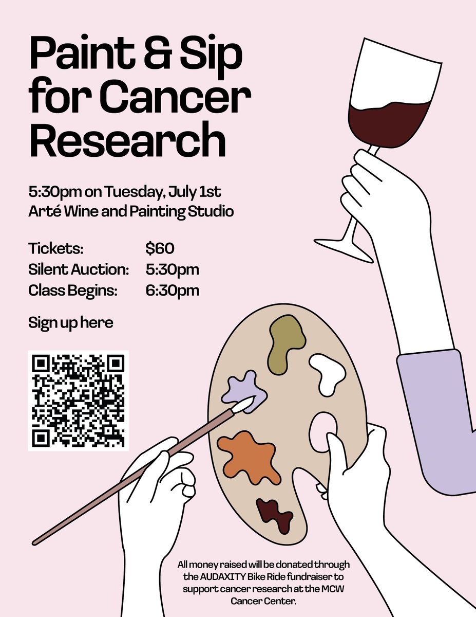 Looking for a fun night to paint and drink while helping fight cancer? We have a fun paint and sip night planned on 7/1! Please help support our Breast cancer team #PinkPedalsPrevail for MCW's Audaxity fundraiser bike event happening in summer. <a href="/MCWCancerCenter/">MCW Cancer Center</a> <a href="/rideaudaxity/">Ride Audaxity</a>