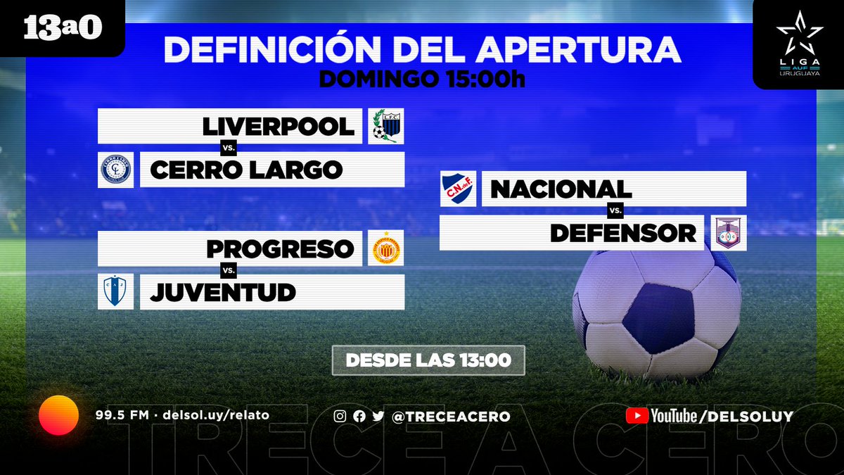 ⚽ DOMINGO: la definición del Apertura en <a href="/treceacero/">⚽️ 13a0</a>
 
📲 delsol.uy/relato
📻 99.5 FM