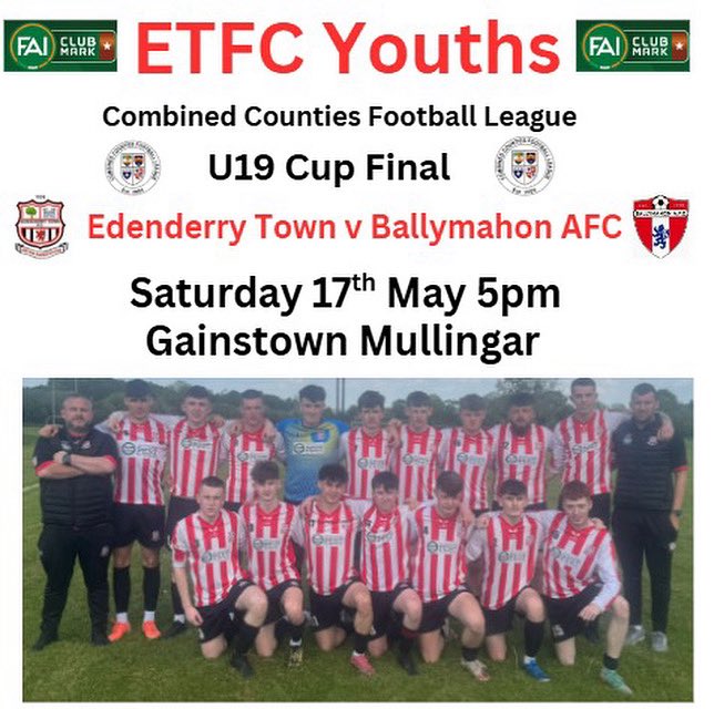 Come out and cheer on our U19s as they take on high flying Ballymahon AFC in the CCFL U19 cup final. This is the first of two finals these lads have in the next week. Wishing coaches and players the best of luck. 
#COTT🇾🇪
