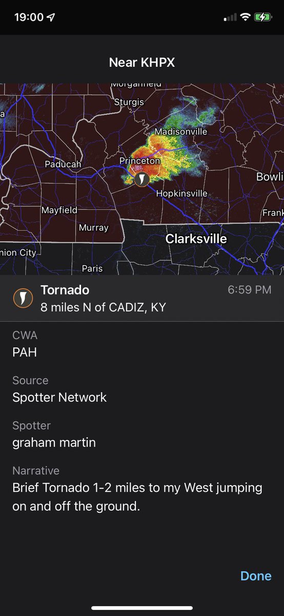 A trained spotter has observed a potential brief tornado on the ground 8 miles north of Cadiz, KY. Seek shelter now! #kywx