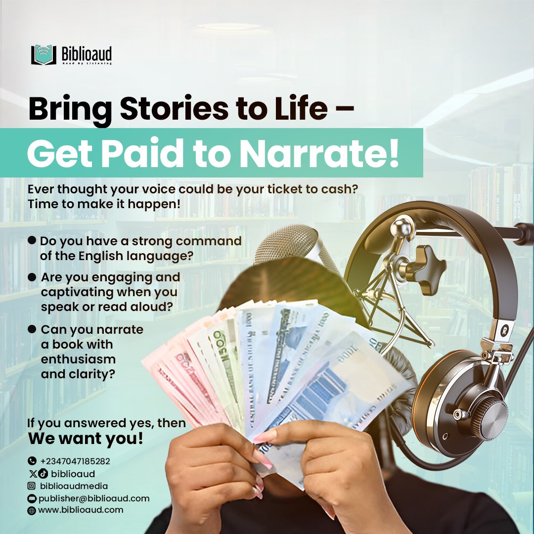biblioaud's tweet photo. Got a great voice? Turn it into income! Join Biblioaud and get paid to bring stories to life through narration. Start your journey today!
#audiobooks #voiceover #biblioaud #narration https://t.co/b5Okrt4Htj