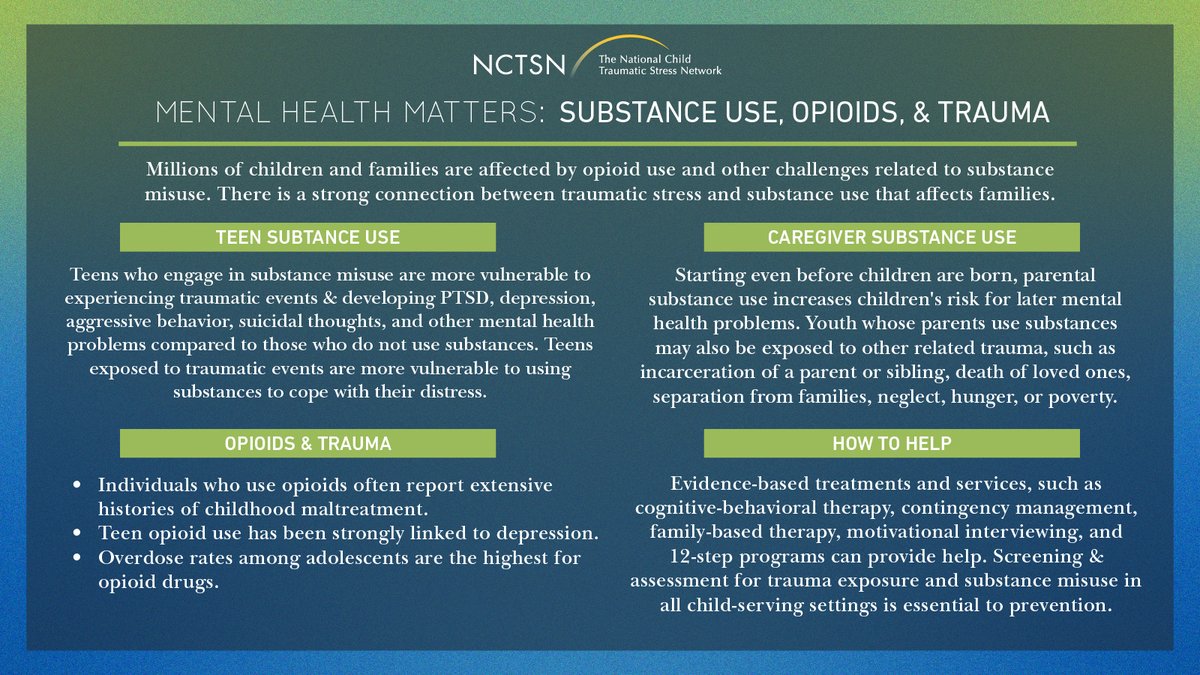 There is a strong connection between traumatic stress and substance use. Opioid use and substance misuse have significant effects on #mentalhealth for families and teens. To learn more, visit bit.ly/4kaxB6U&amp; bit.ly/4iR7T6k.

#MentalHealthMatters #MHAM2025