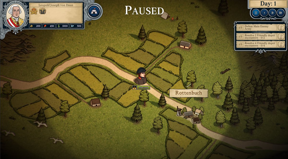 Master of Command features a real-time campaign layer in which you direct your army across procedurally generated regions, battling armies, visiting settlements to restock on food/ammo, and finding encounters. Logistical planning is just as important as winning your battles!