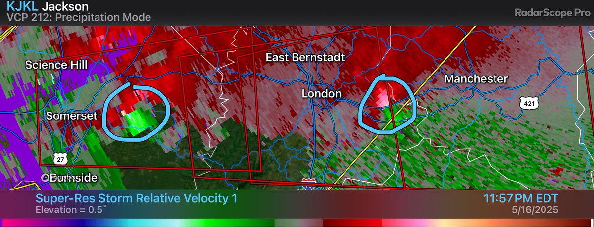 NbergWX's tweet photo. Now this is just crazy weather. Cruel nature. Twin supercells are following in each others footsteps with two individual tornadoes tracking the same path in eastern Kentucky now. Somerset and London areas. So dangerous and scary at night.

Posted: 12:00AM EDT / 11:00PM CDT https://t.co/WbBKDCYWhB