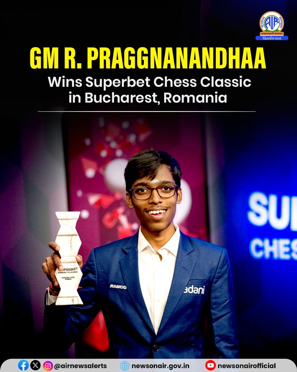 airnewsalerts's tweet photo. Indian Grandmaster #RPraggnanandhaa wins Superbet Chess Classic in Bucharest, #Romania.
#SuperbetChessClassic #ChessChampion #SuperbetChessClassic #IndianGrandmaster https://t.co/uswM5i29VH