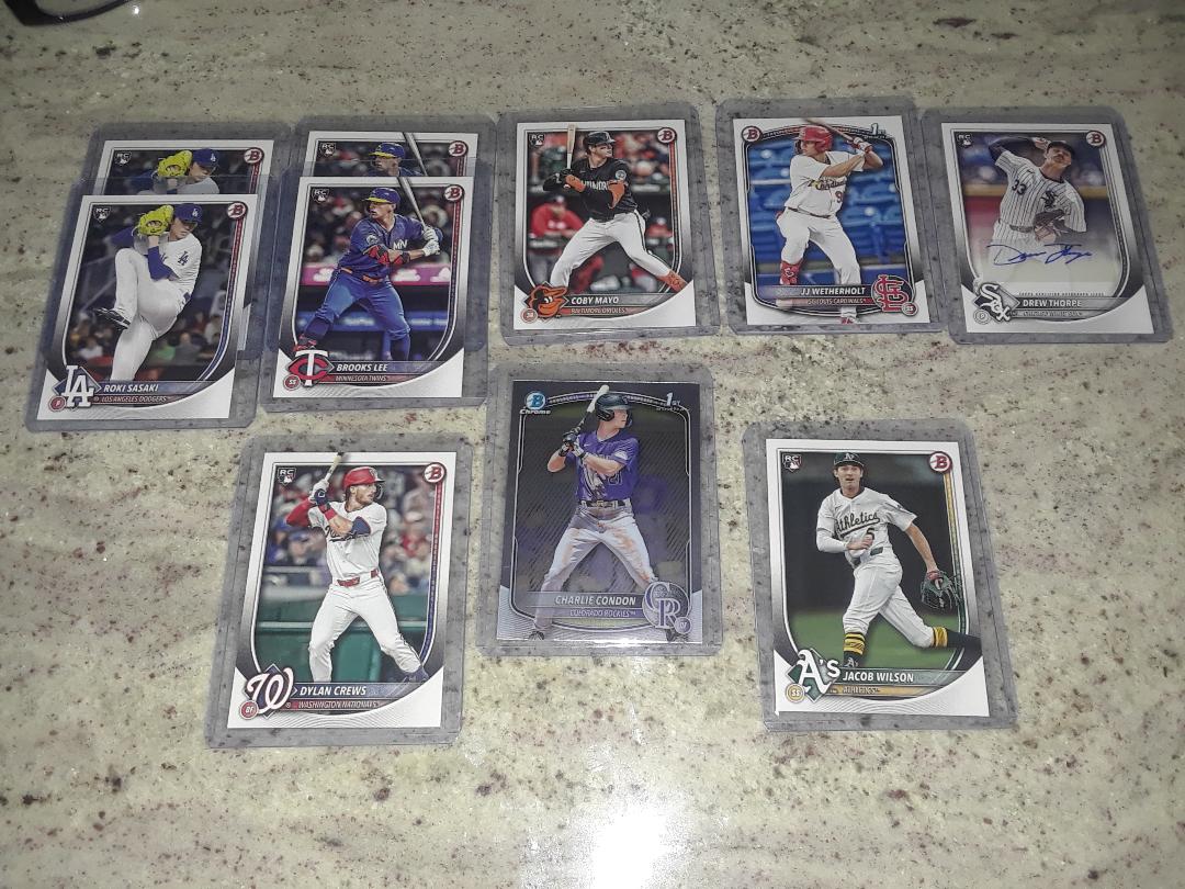 Picked up a couple of 2025 Bowman Value boxes at my local Target... happy with the results.. Charlie Condon Bowman Chrome Prospect, Base Rookies-Sasaki, Mayo,Miller,Crews,Lee, and 1st Bowman Wetherholt pls Drew Thorpe rookie auto... <a href="/CardPurchaser/">Card Purchaser</a> <a href="/MDRANSOM1/">Ransom Cards</a>