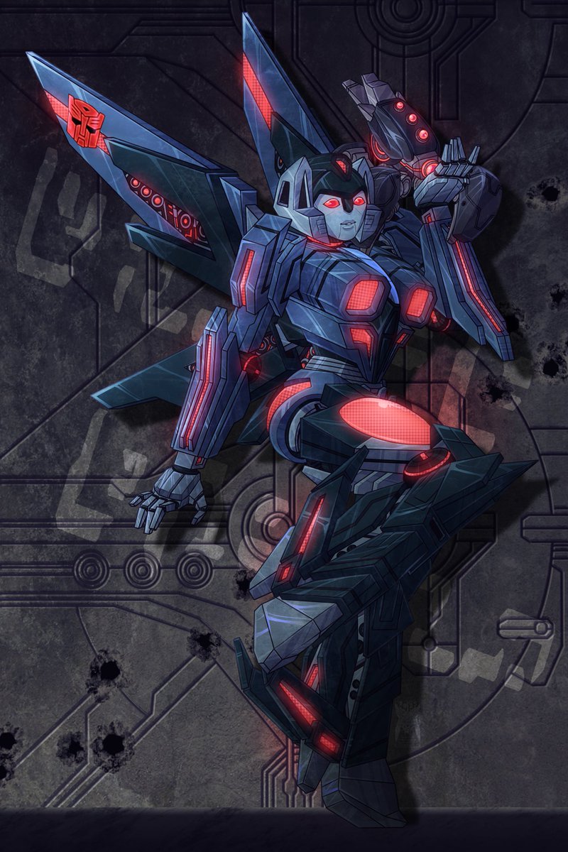 I am OBSESSED with that cute pinup of Arcee in the Depecticon barracks from Fall of Cybertron. So I did a version with my girlie Skipjack: former scientist on Trypticon station, then failed Decepticon spy left to rot in the Kaon prisons, only to become an Autobot post rescue ❤️