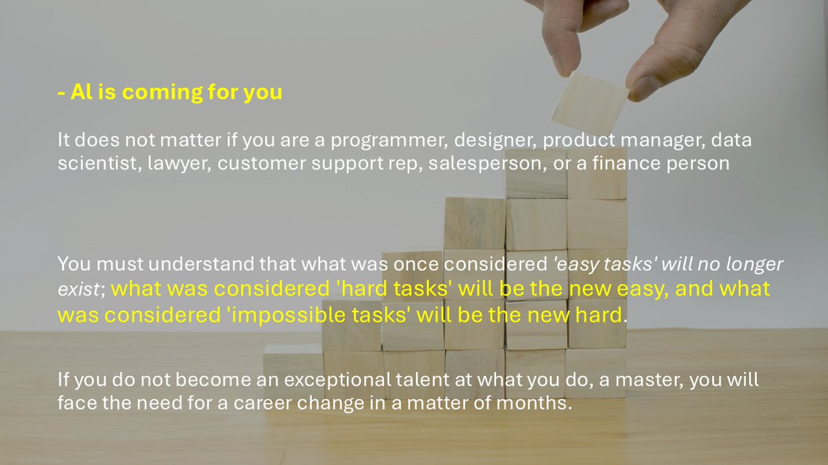 researchanand's tweet image. So here is the unpleasant truth. AI is coming for your job. 

I am not trying to scare you. I am not talking about your current job status. I am talking about your ability to stay in your profession in the industry.

Bring that RADICAL change now!!

#analysiswithanand