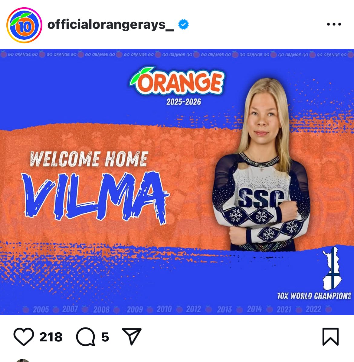 shoutout to the newest orange ray, vilma from finland! 🍊💙