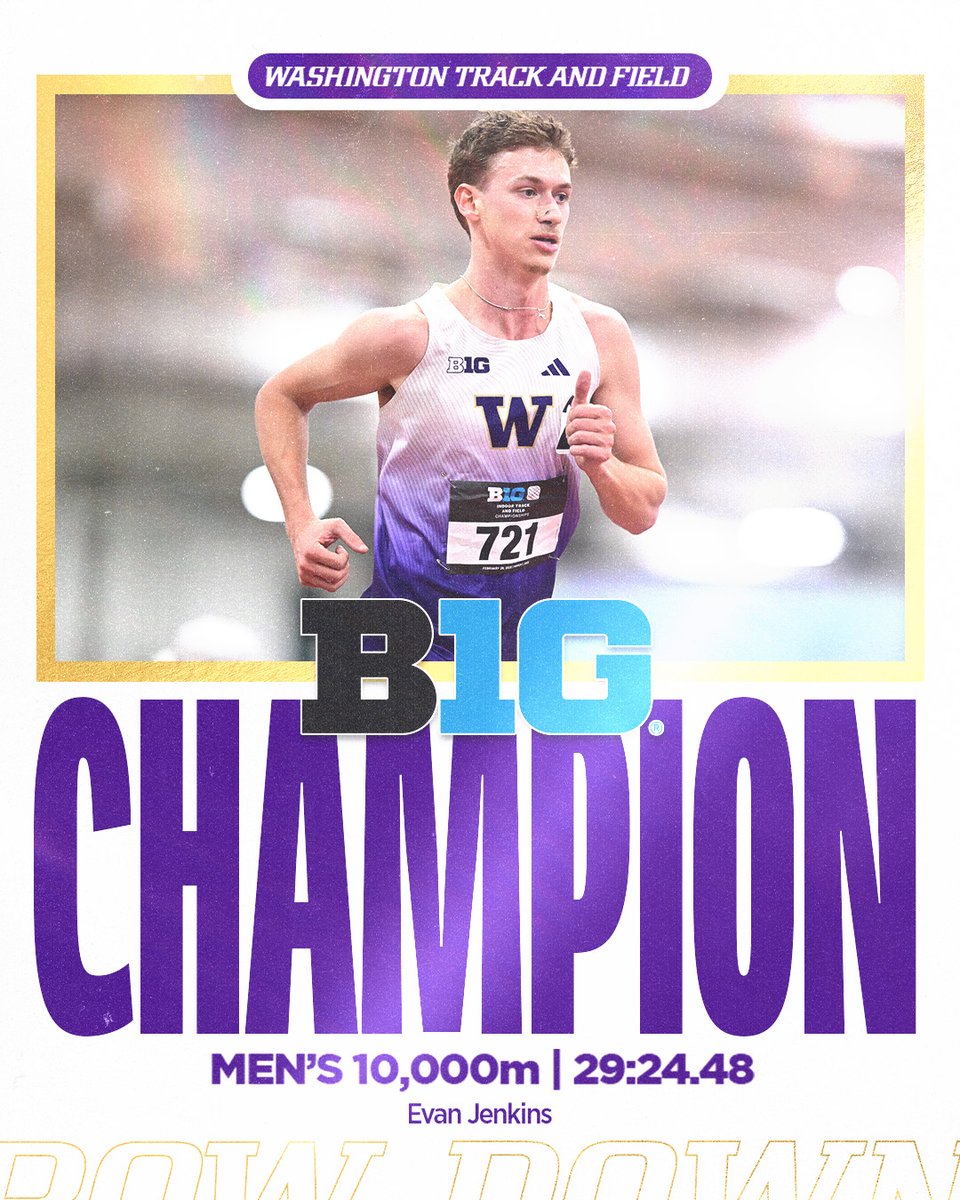 UWTrack's tweet photo. Evan Jenkins becomes Washington's first @bigten Outdoor Track & Field Champion 🏆
He's the first UW 10k conference champ since Brian Fay won the Pac-12 in 2023.
UW scored 1⃣6⃣ points in the event with Acer Iverson's 5th-place and Tyrone Gorze's 7th-place finishes.
#GoHuskies https://t.co/6TICTm8JcK