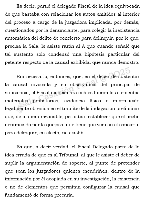 Corte S. Rad. 63865/25. Preclusión.

Temas: Preclusión por inexistencia del hecho y atipicidad del hecho investigado. Insuficiencia en la ARGUMENTACIÓN del fiscal. Juez no puede suplir vacíos en la argumentación. 

"Era necesario, entonces, que, en el deber de sustentar la causal