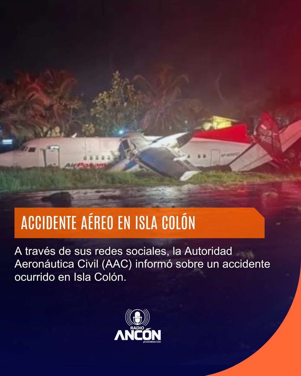 radioanconpa's tweet image. La AAC reportó que un avión de Air Panamá se salió de la pista en Isla Bocas. Los 38 a bordo están ilesos. Ya se investiga el incidente.
Fuente
@aacivilpty
#Panamá #AAC #AirPanamá