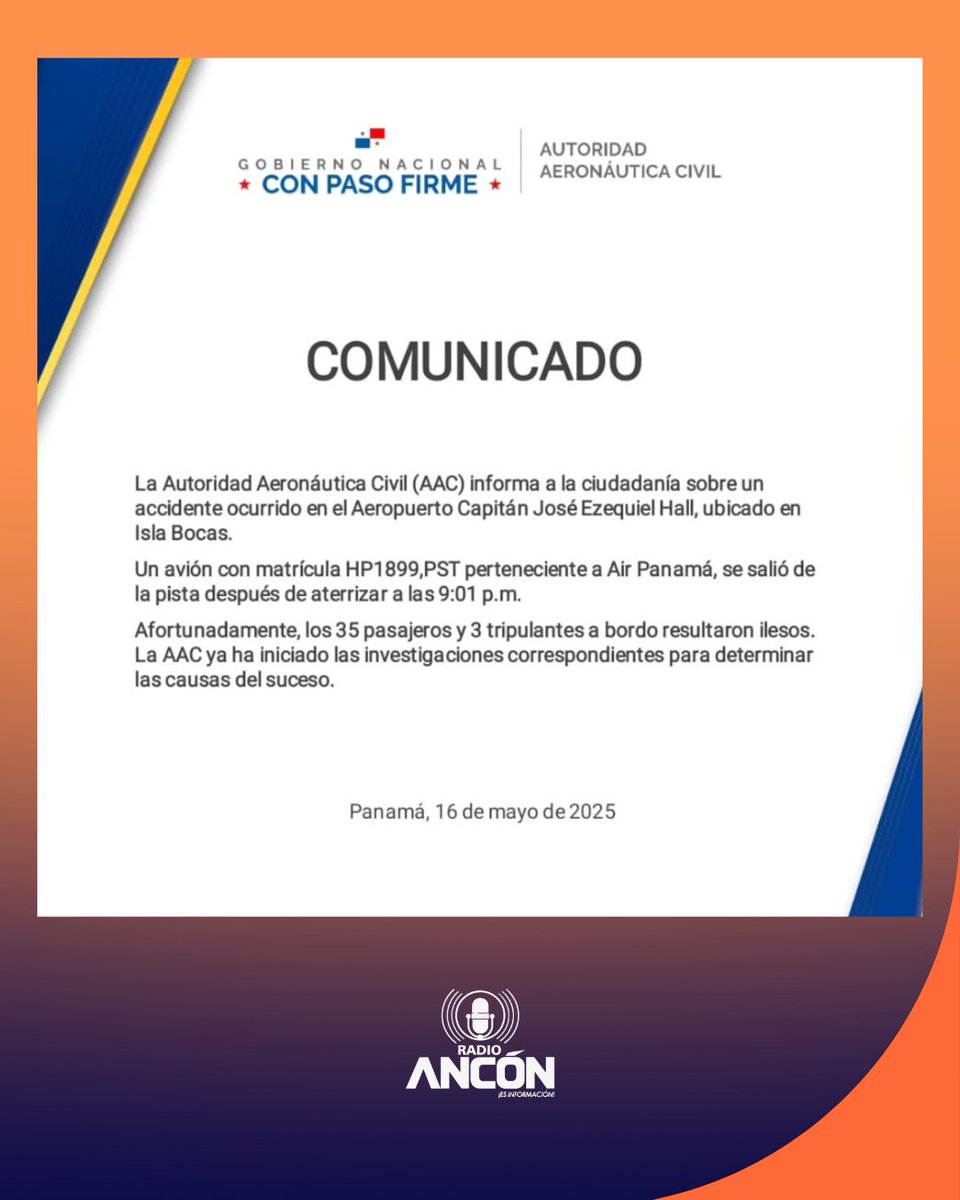 radioanconpa's tweet image. La AAC reportó que un avión de Air Panamá se salió de la pista en Isla Bocas. Los 38 a bordo están ilesos. Ya se investiga el incidente.
Fuente
@aacivilpty
#Panamá #AAC #AirPanamá